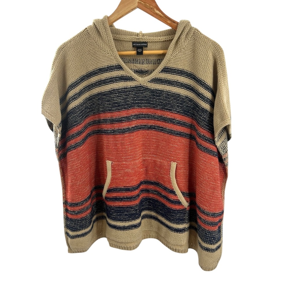 Saks Fifth Avenue Knit Hooded‎ Poncho Top One Size Coral Blue Stripe Sweater